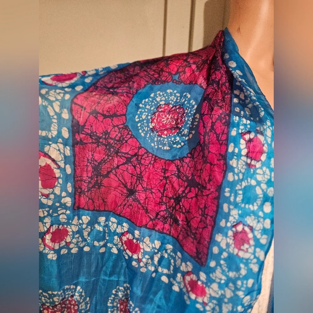 100% Pure Silk Batik Scarf Wrap – Made in India Blue Pink Boho